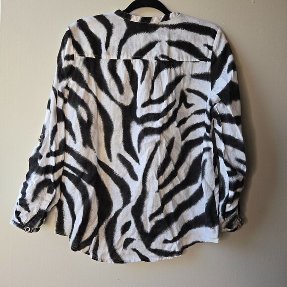 Zebra Print 100% Linen Button-Up Shirt With Rolled Cuffs Size 12P - Picture 2 of 7